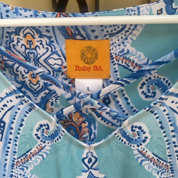 Ruby Rd womens Large Elegant Blue Paisley Dress with criss cross neckline detail - Picture 2 of 7